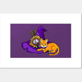 Orange Cat on a Witch Hat (purple) Posters and Art